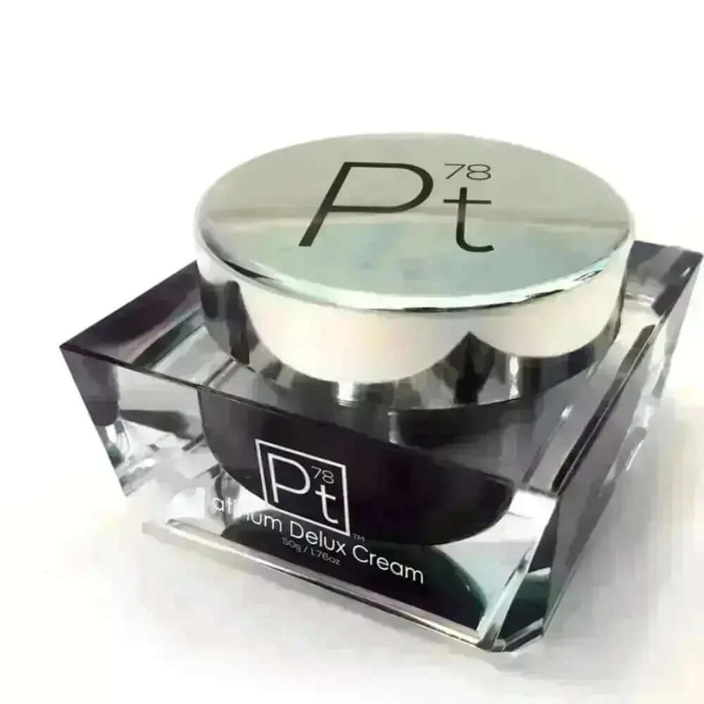 Platinum Delux Cream jar with sleek design, premium moisturizer for dry skin, skincare essential.