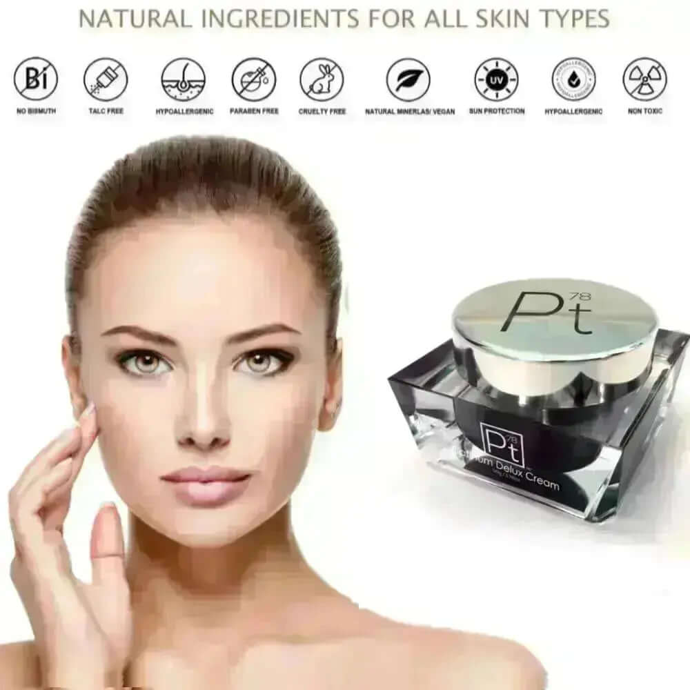 Platinum Deluxe Cream jar with model showcasing natural skin care ingredients for all skin types.