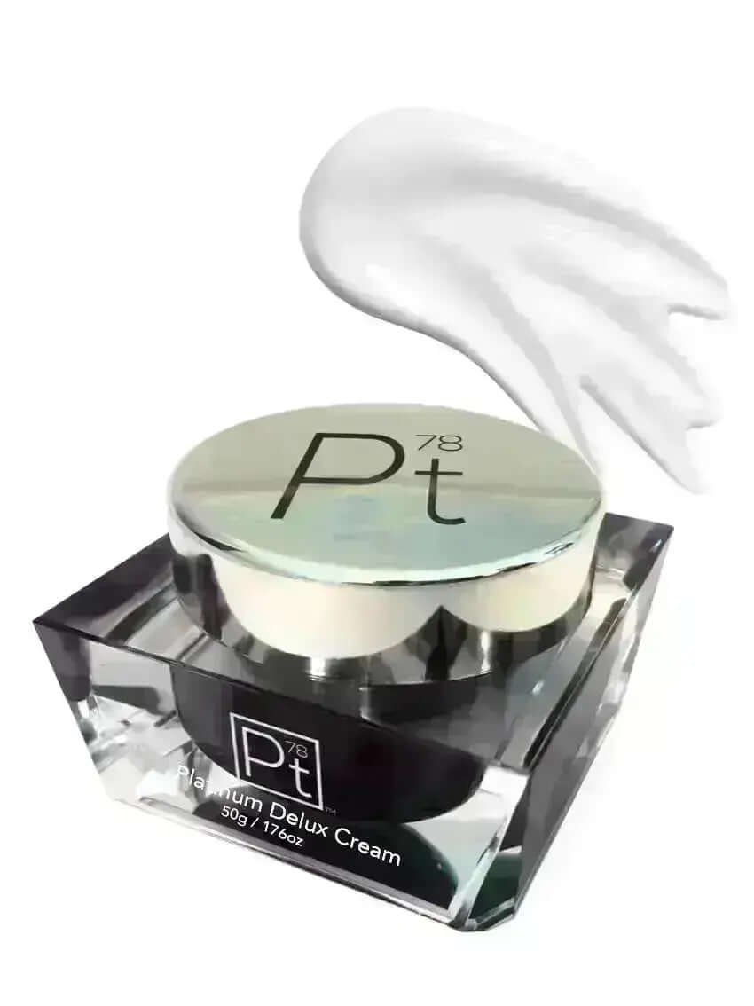 Platinum Delux Cream jar with silver lid and moisturizer swirl for dry skin hydration.