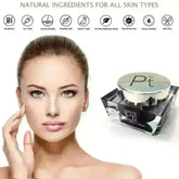 Model showcasing Platinum Deluxe Cream, emphasizing natural ingredients for all skin types.