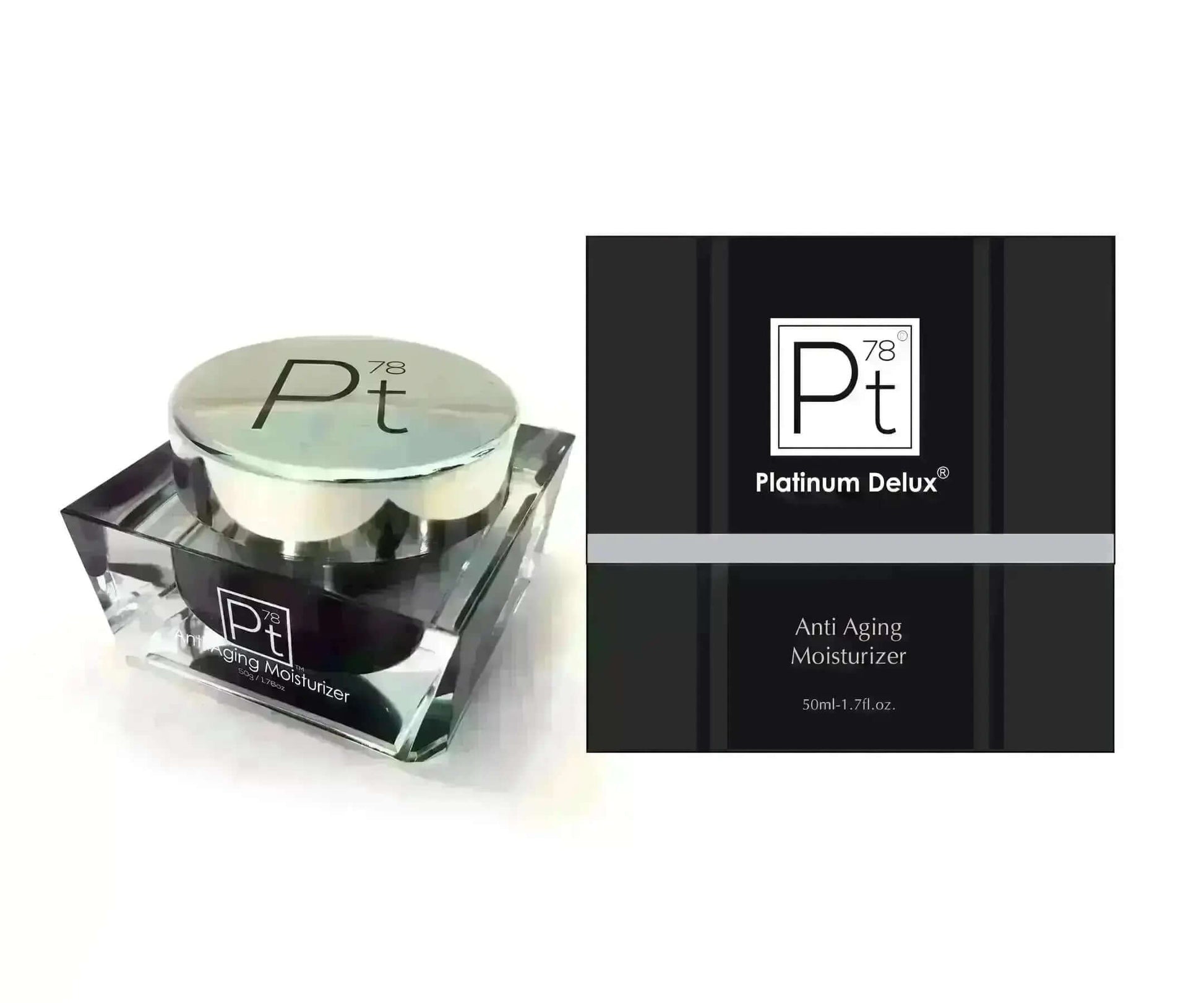 Platinum Deluxe Anti-Aging Moisturizer jar and box, formulated to hydrate and smooth aging skin.