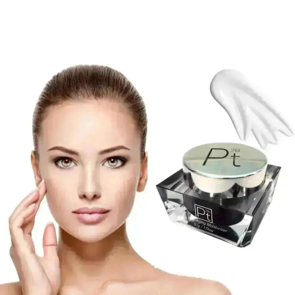 Platinum Deluxe Anti-Aging Moisturizer promoting youthful skin glow, with model applying cream.