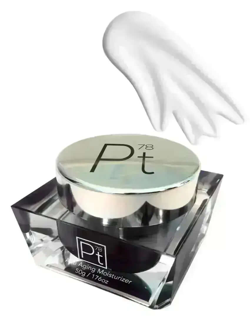 Platinum Deluxe Anti-Aging Moisturizer in elegant jar with glossy lid, promoting youthful, hydrated skin.