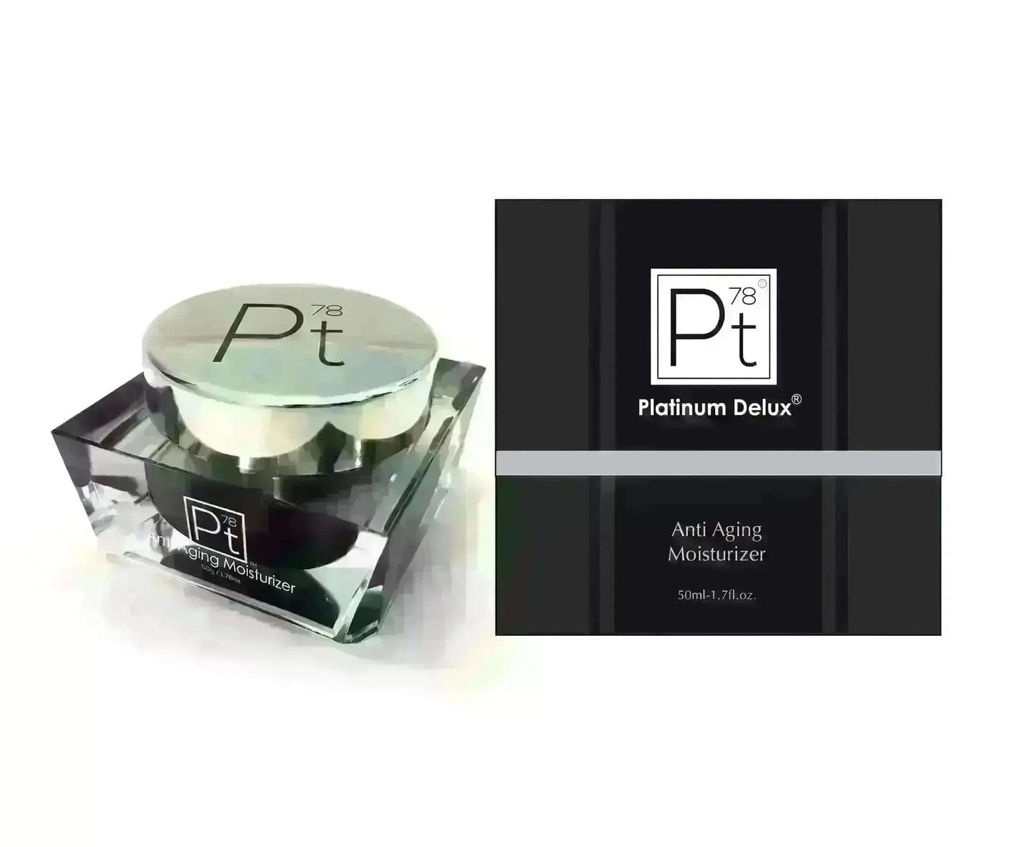 Platinum Deluxe Anti-Aging Moisturizer in jar and box packaging for youthful, glowing skin and wrinkle reduction.