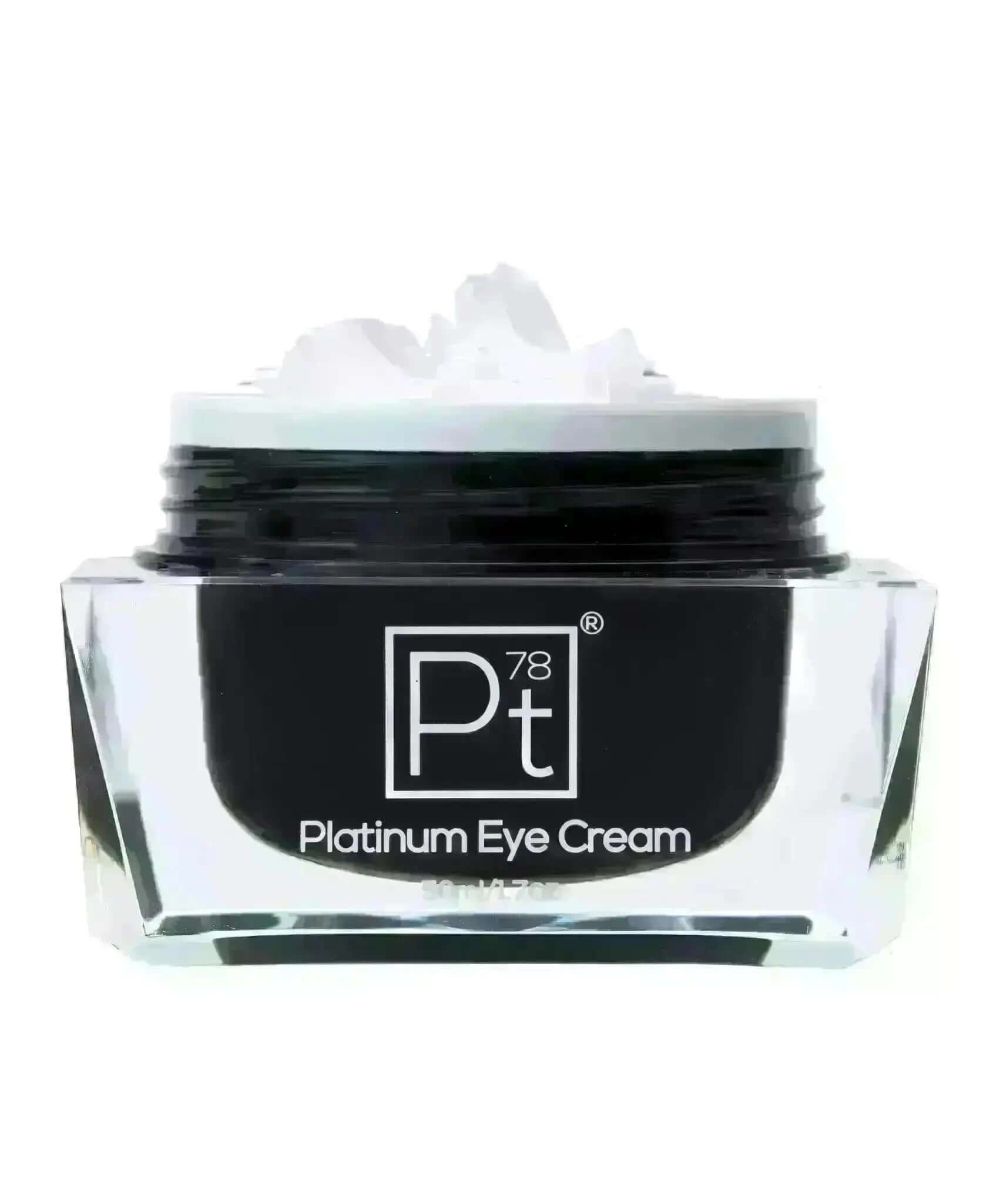 Platinum Eye Cream in sleek jar, designed to improve moisture and reduce fine lines around the eyes.