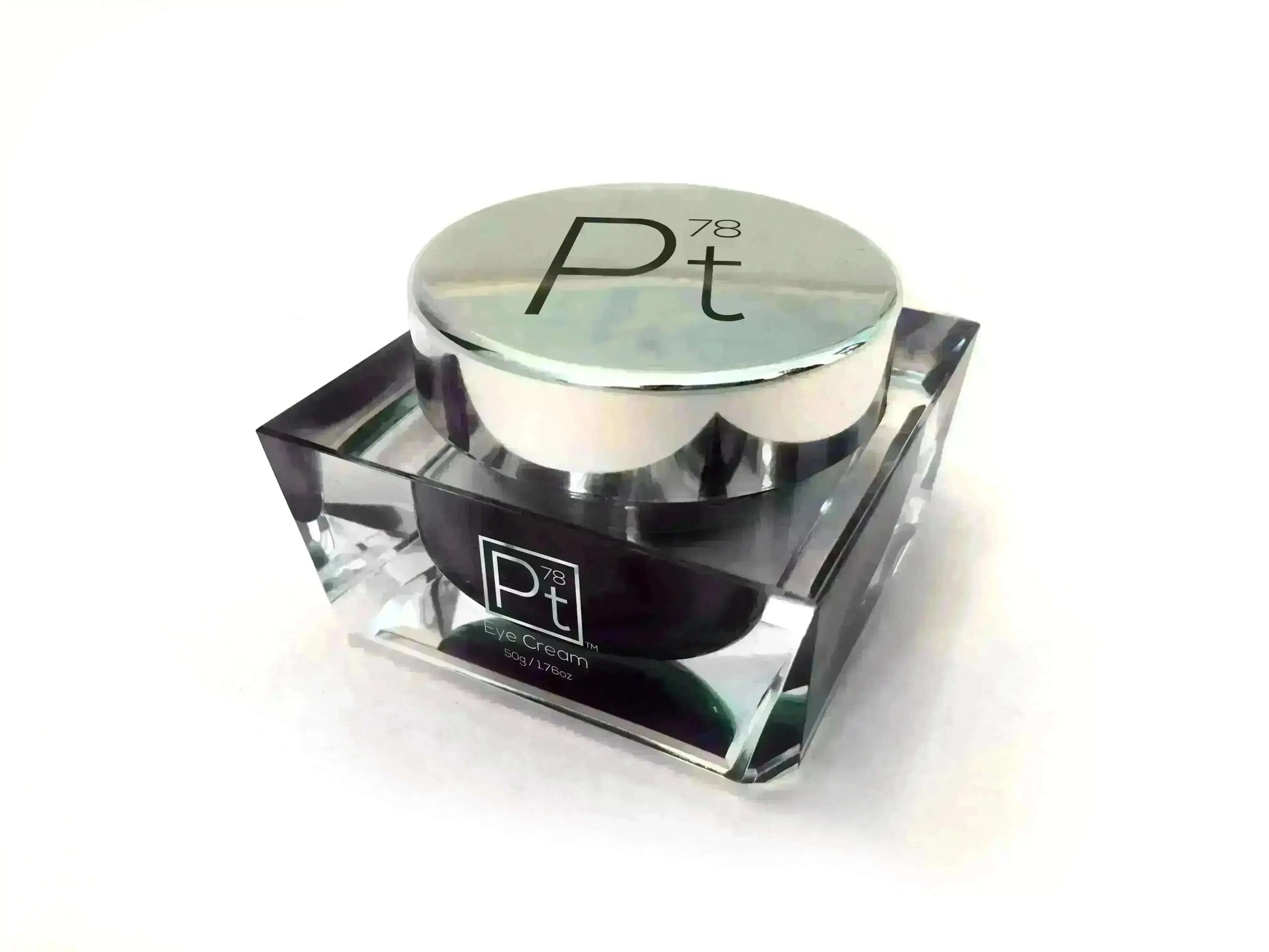 Platinum Deluxe Eye Cream in a sleek black and silver jar designed to enhance moisture and reduce fine lines.