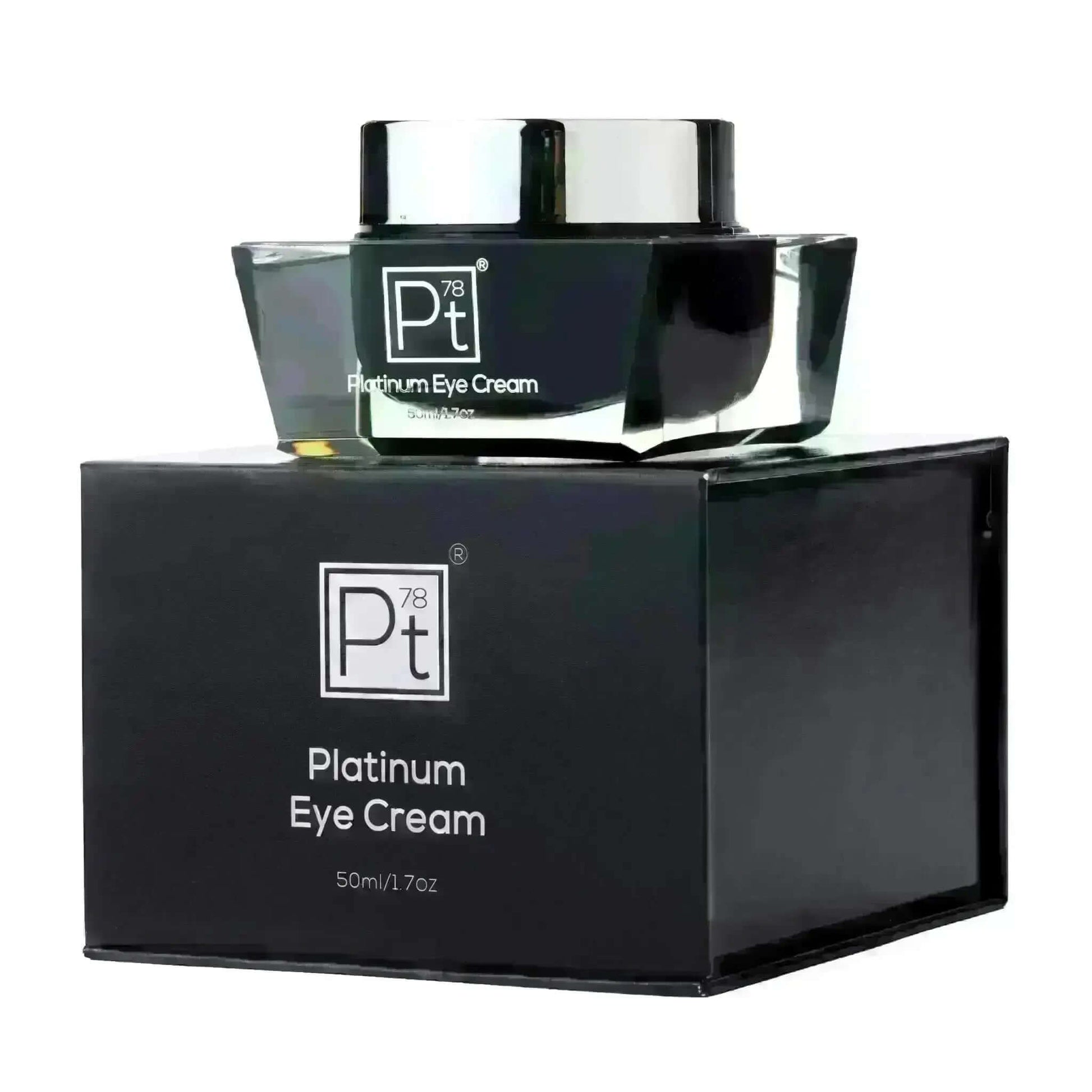 Platinum Eye Cream jar and box, 50ml, designed to hydrate and reduce fine lines around the eyes.