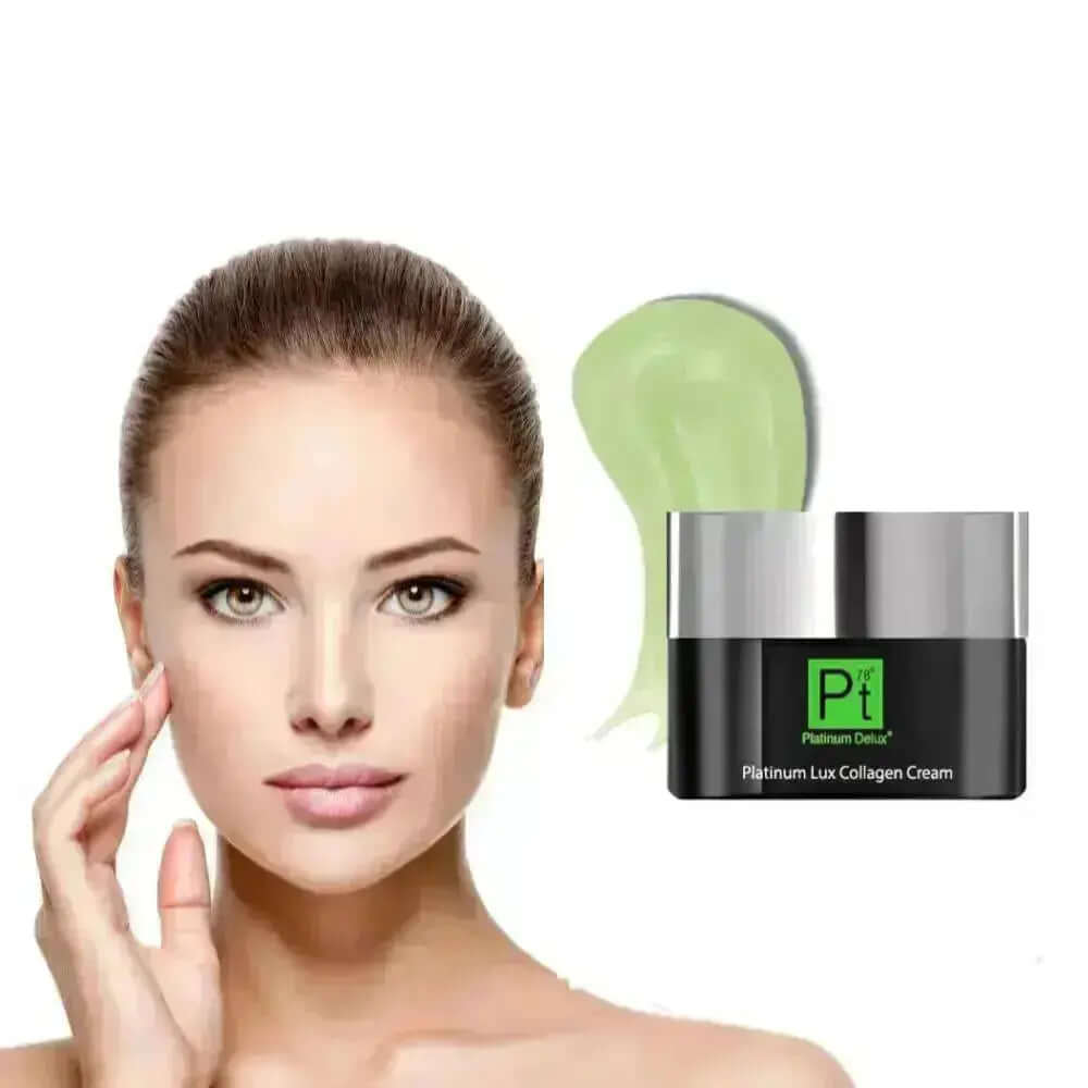 Platinum Lux Collagen Cream for restoring skin elasticity and reducing wrinkles, with a model showcasing its benefits.