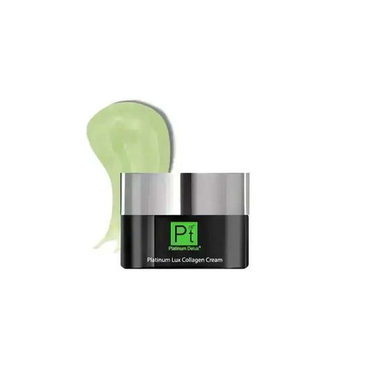 Platinum Lux Collagen Cream jar with a green cream swatch, designed to restore skin firmness and reduce wrinkles.