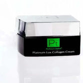 Platinum Lux Collagen Cream jar with shiny silver lid, promoting skin restoration and anti-aging benefits.