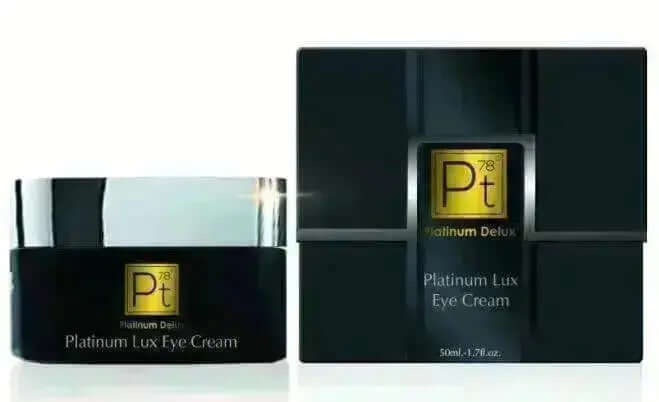 Platinum Lux Eye Cream jar and box for reducing fine lines and rejuvenating tired under-eye skin.