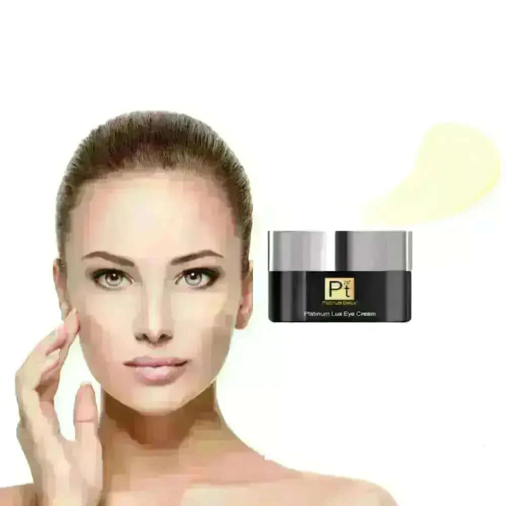 Platinum Lux Eye Cream next to a model showcasing rejuvenated skin and beauty benefits.