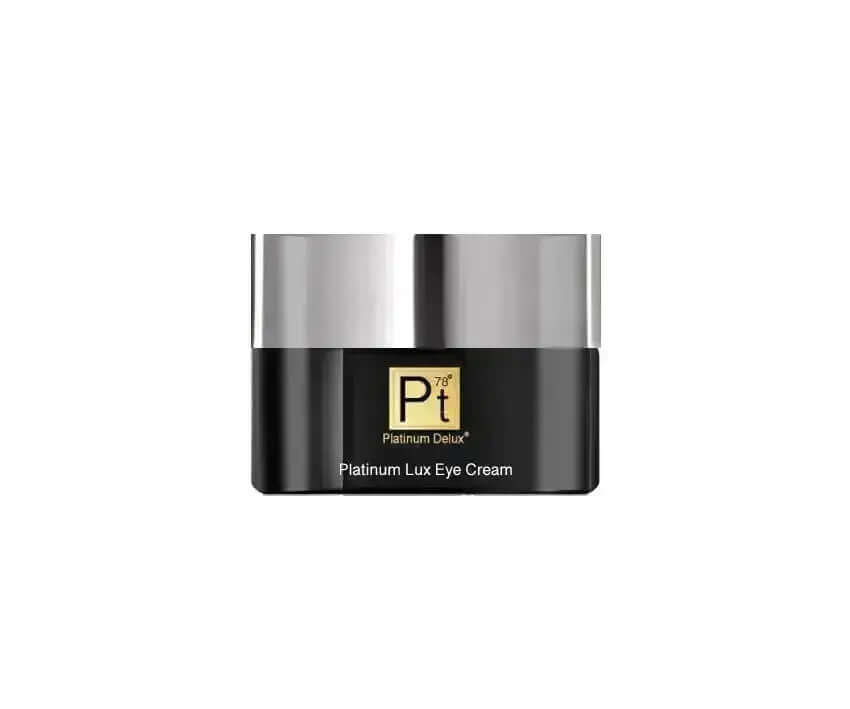 Platinum Lux Eye Cream jar with sleek design for nourishing and repairing tired under-eye skin.