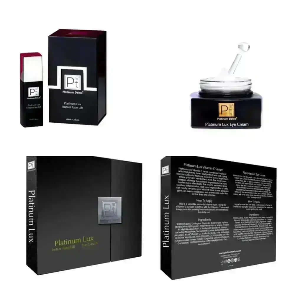 Platinum Lux Instant Face Lift Set with anti-aging cream and eye cream packaging, offering youthful skin benefits.