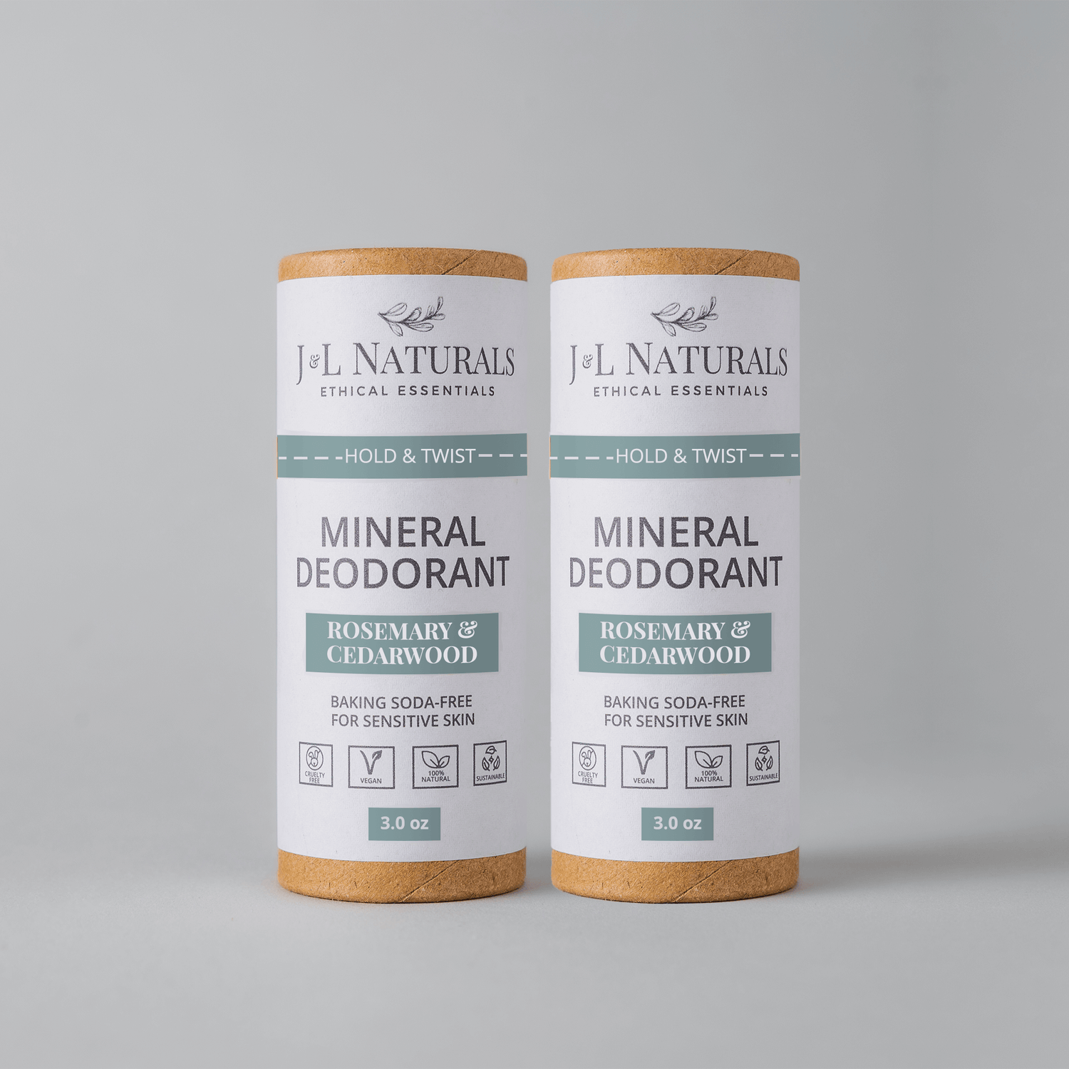 Mineral deodorant 2-pack featuring rosemary and cedarwood, baking soda-free for sensitive skin.