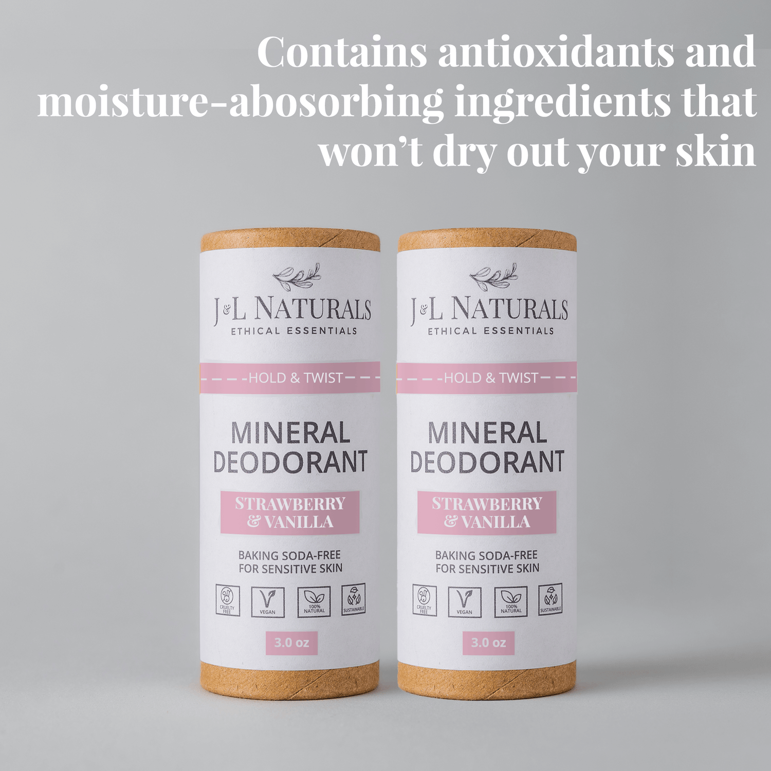 Mineral deodorant 2-pack with Strawberry & Vanilla for sensitive skin, baking soda-free, moisturizing formula.
