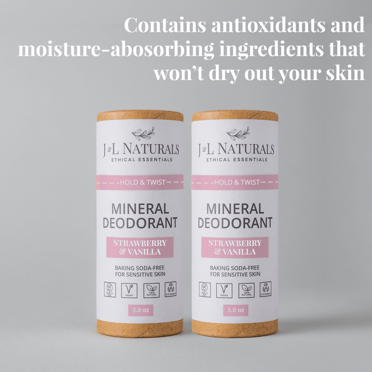 Mineral deodorant 2-pack with Strawberry & Vanilla for sensitive skin, baking soda-free, moisturizing formula.