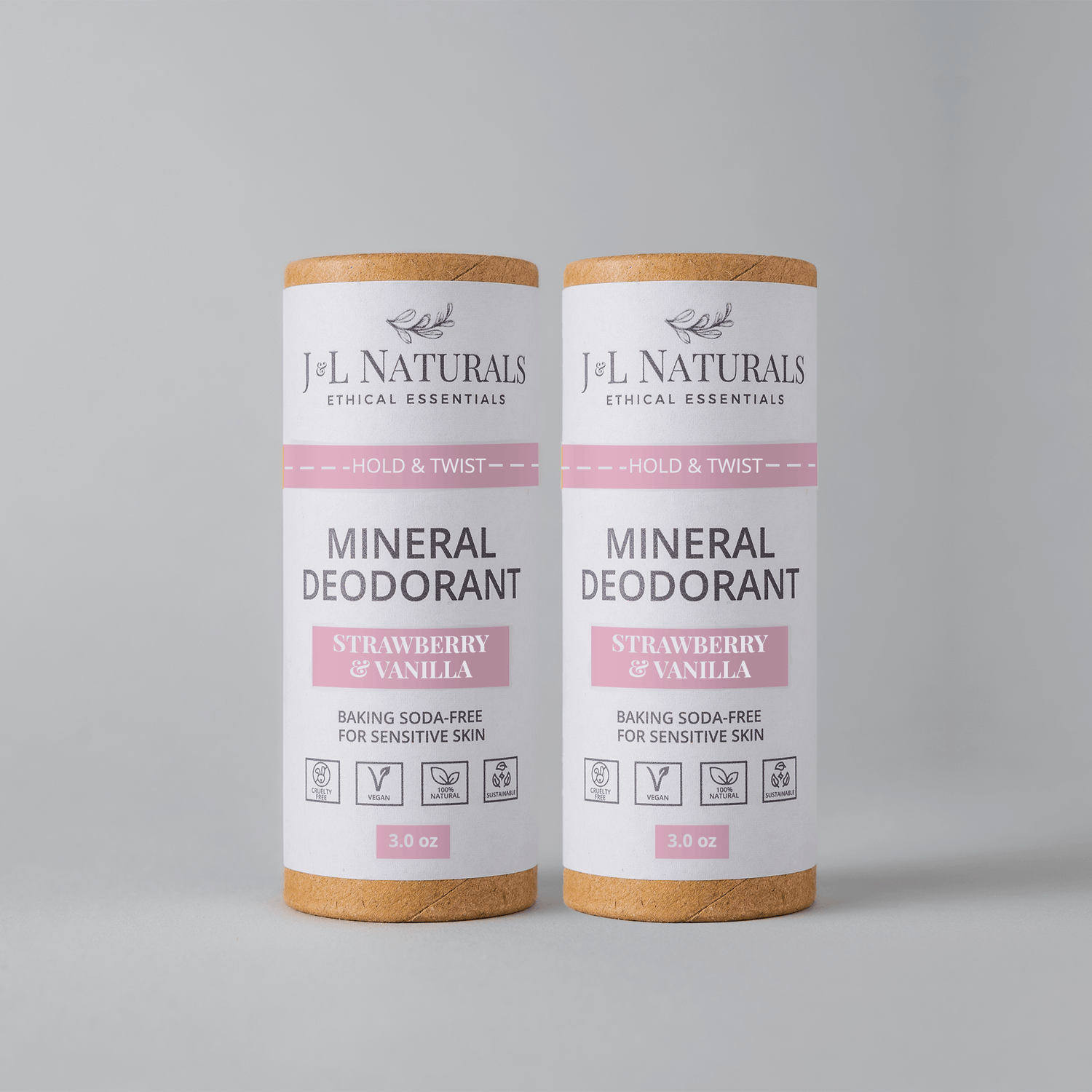 J&L Naturals Mineral Deodorant 2-Pack in Strawberry & Vanilla, baking soda-free for sensitive skin.