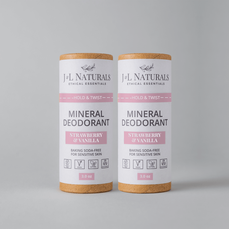 J&L Naturals Mineral Deodorant 2-Pack in Strawberry & Vanilla, baking soda-free for sensitive skin.