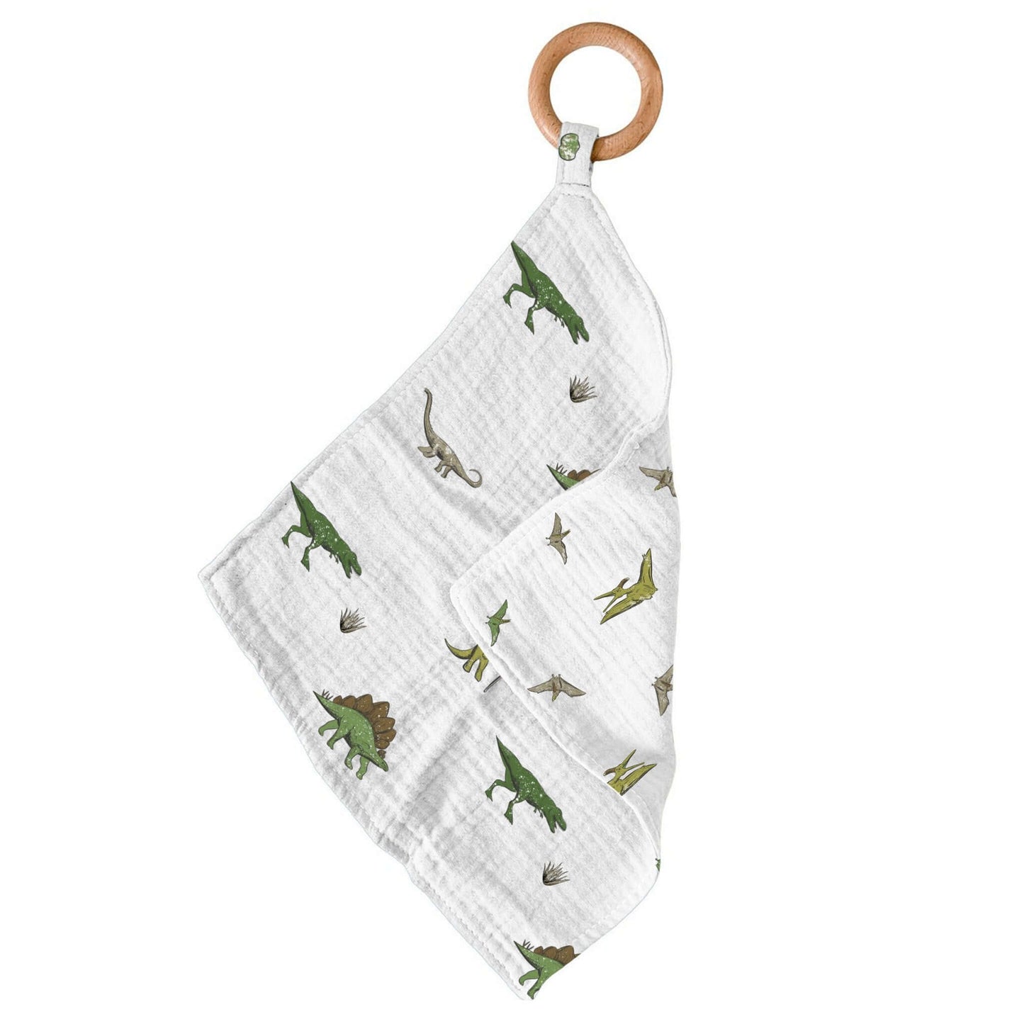 Dino Days & Pteranodon Cotton Blankie Teether with a natural wood ring for easy cleaning and gum relief.