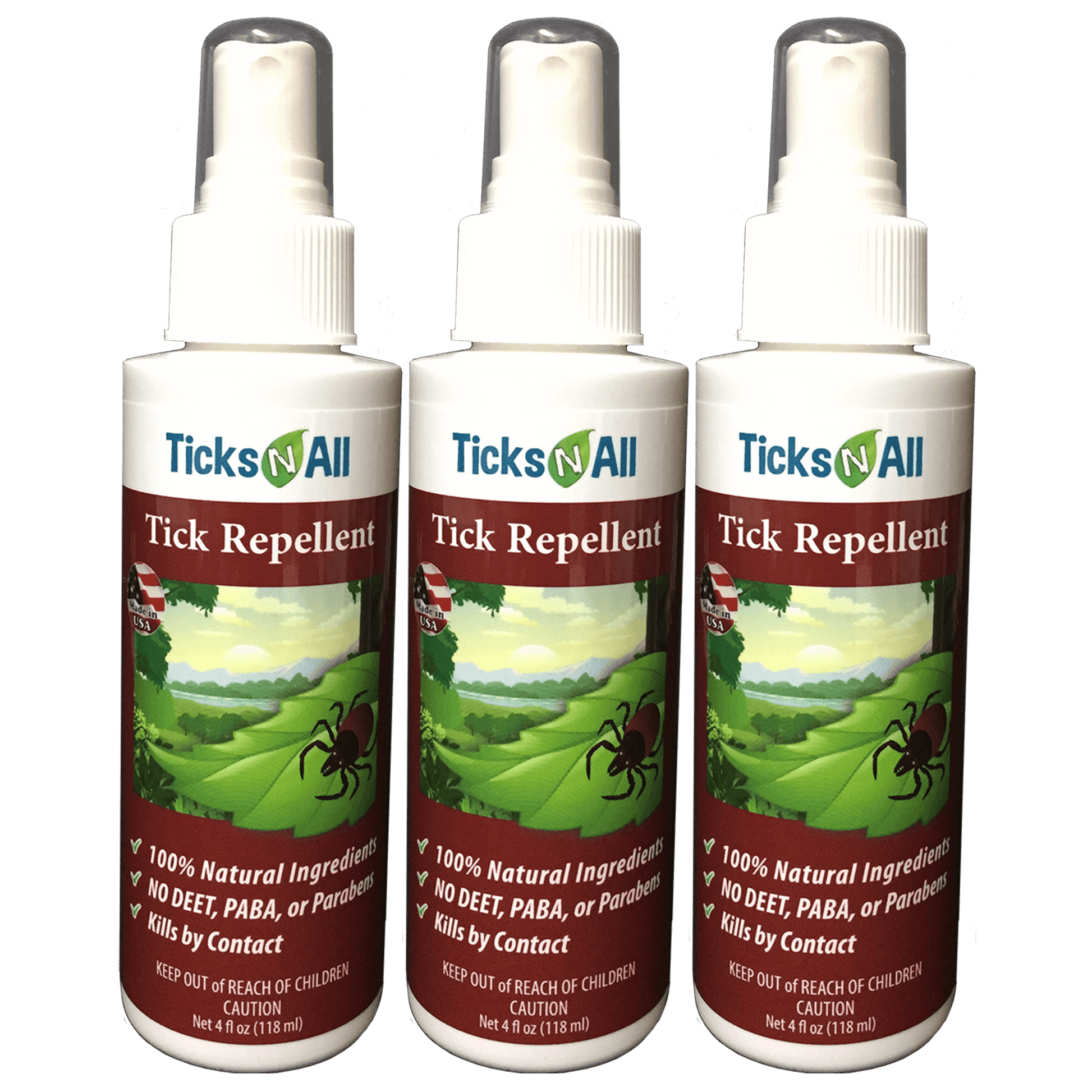 Ticks-N-All All Natural Tick Repellent 4oz spray bottles, 3 pack, formulated with essential oils for effective pest protection.