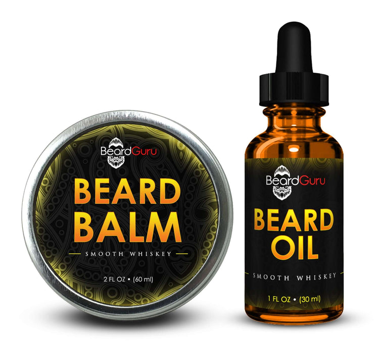 BeardGuru Starter Pack featuring Beard Balm and Beard Oil in Smooth Whiskey scent, perfect for healthy beard grooming.