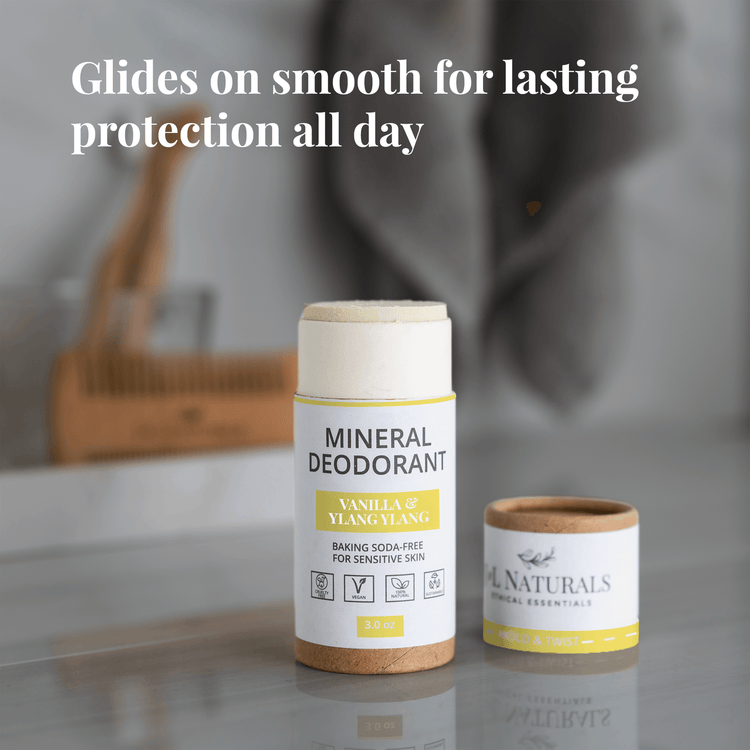 Full-size mineral deodorant in Vanilla & Ylang Ylang, baking soda-free for sensitive skin, smooth application, long-lasting protection.