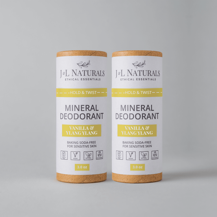 Mineral Deodorant 2-Pack with Vanilla & Ylang Ylang, baking soda-free, perfect for sensitive skin.