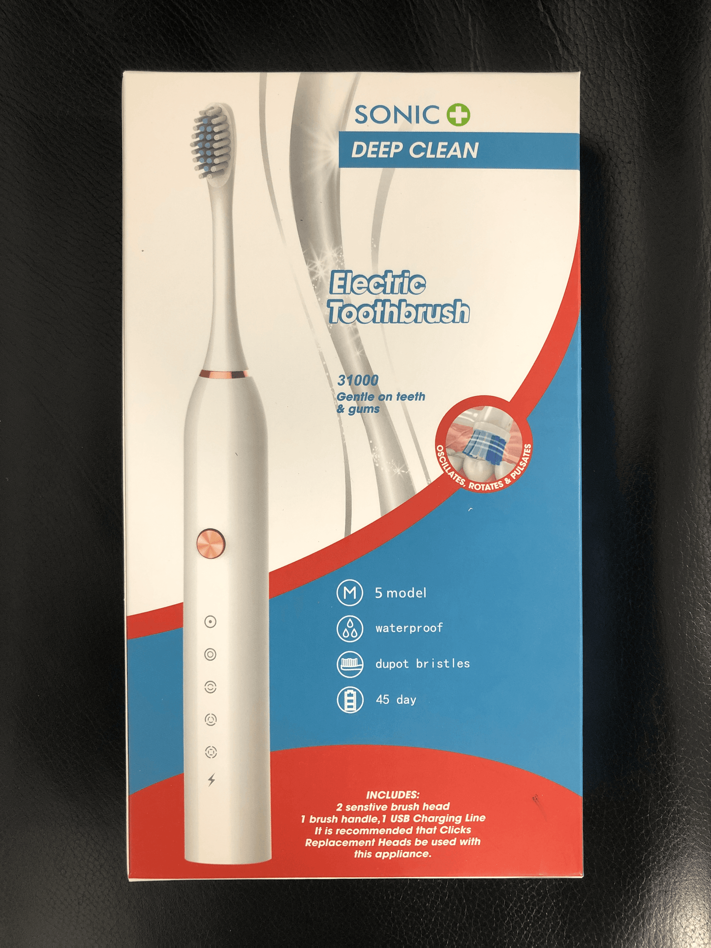 Sonic Deep Clean Electric Toothbrush packaging showcasing features like waterproof design and DuPont bristles.