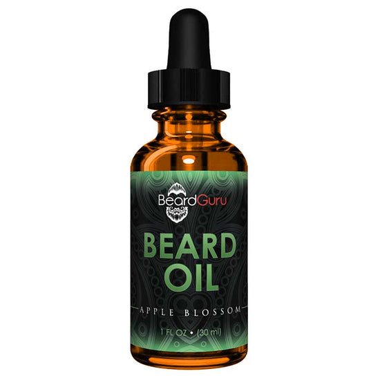 BeardGuru AppleBlossom Beard Oil bottle 1 fl. oz., promoting smooth, soft beards with an apple-sage-bourbon scent.