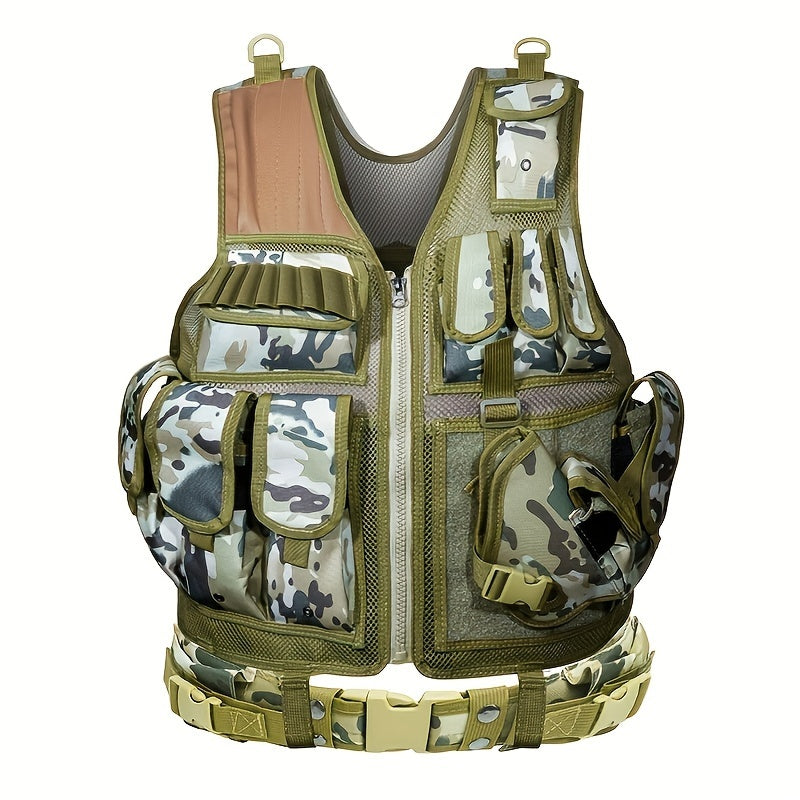 Men's training vest with interchangeable holster system, featuring durable camo design and multiple pockets for essentials.