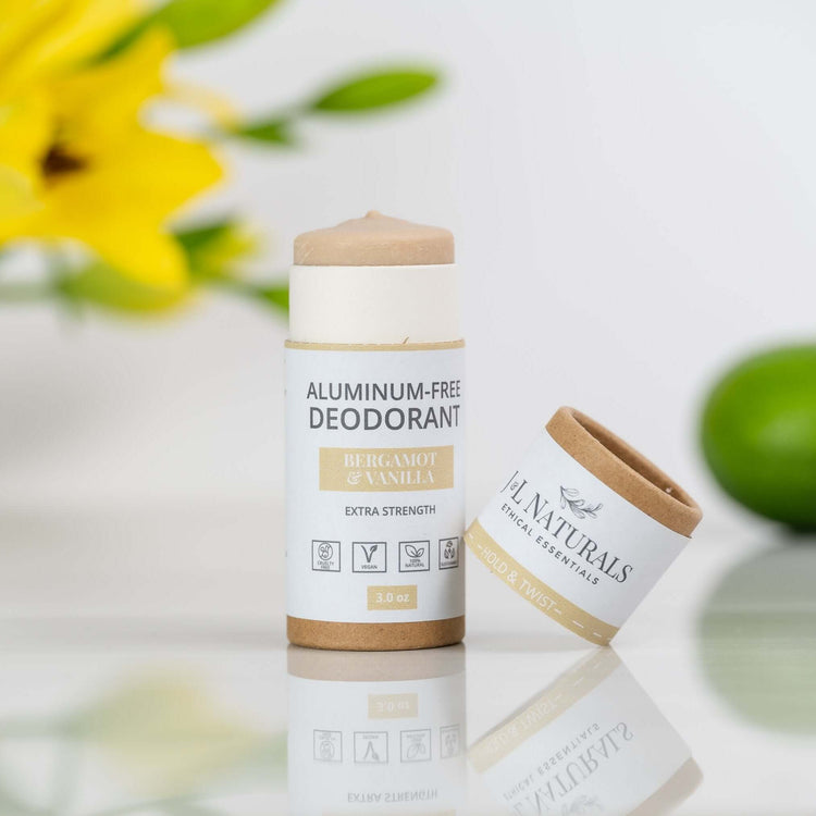 Extra-strength aluminum-free deodorant stick in Bergamot & Vanilla fragrance with eco-friendly packaging.