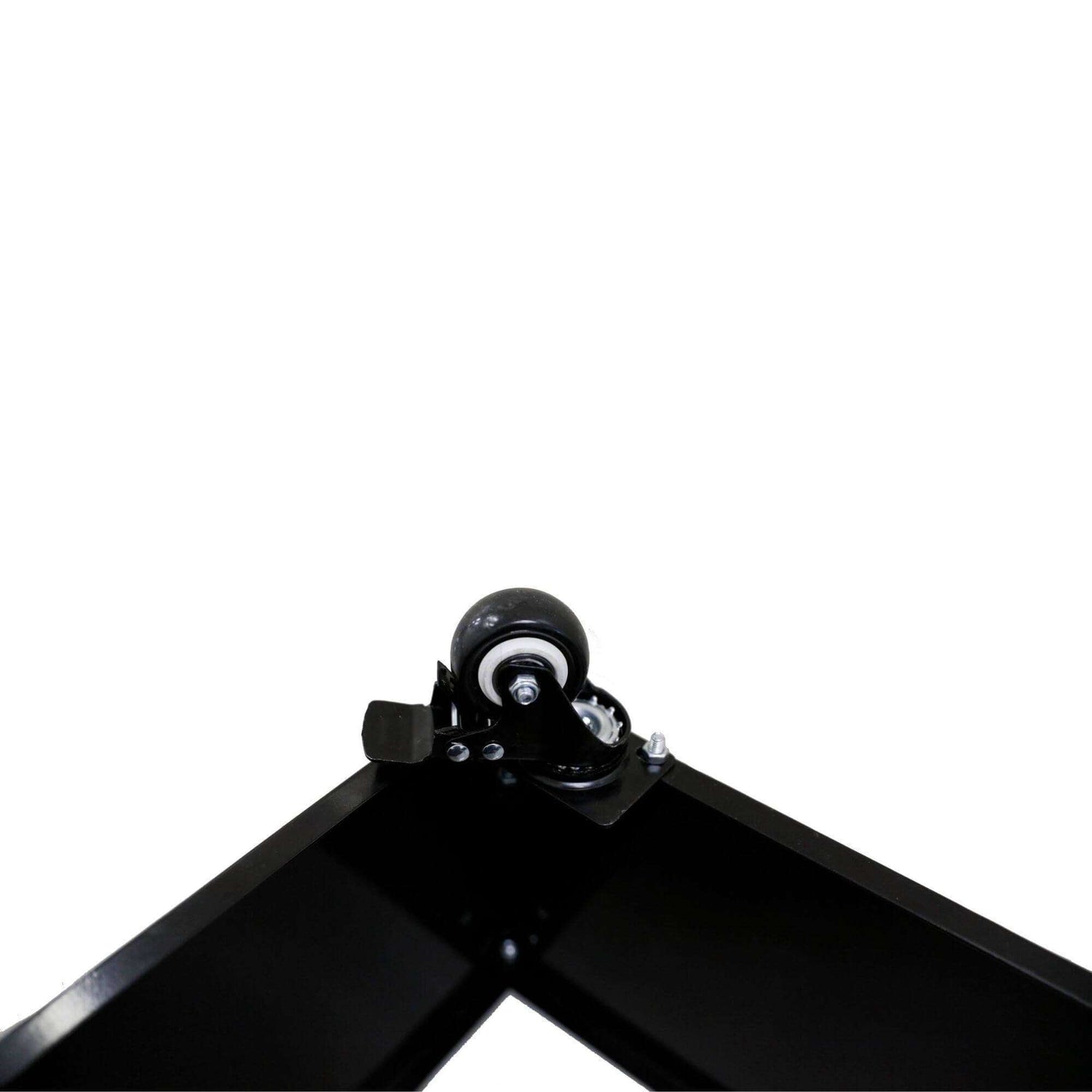Close-up of a black metal planter wheel, showing the swivel caster for easy mobility.