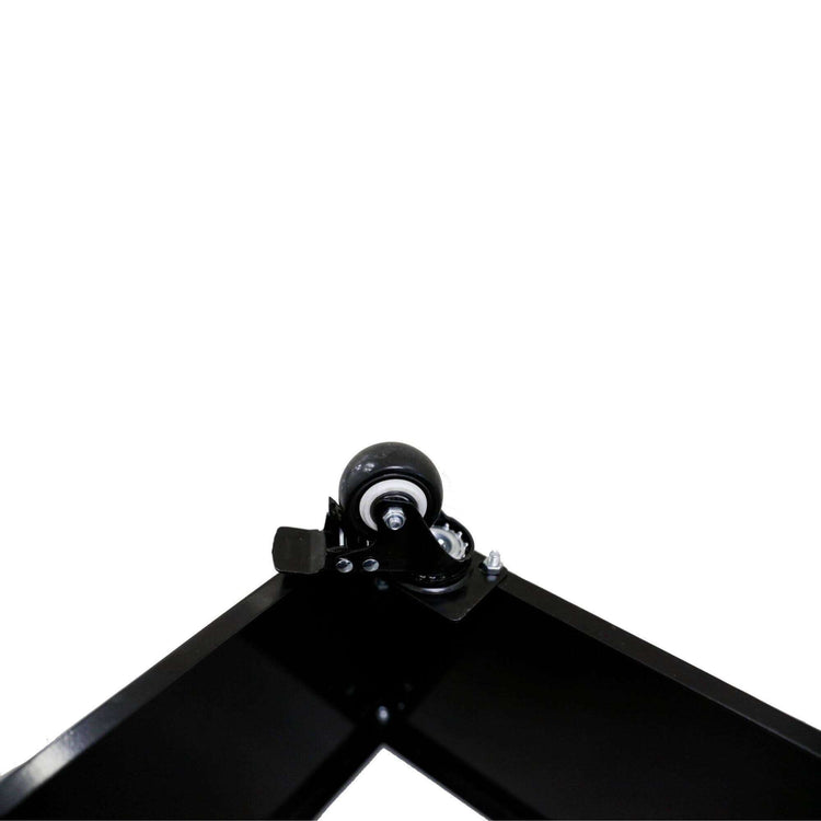 Close-up of a black metal planter wheel, showing the swivel caster for easy mobility.