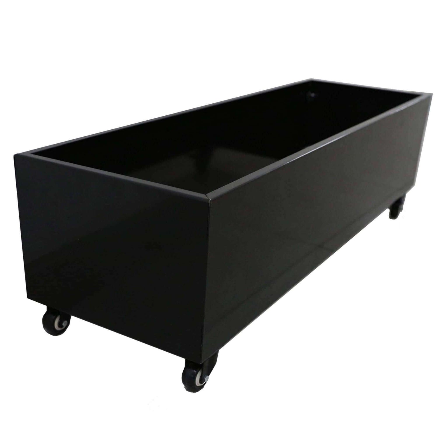 Black metal planter on wheels, 110cm long, perfect for designer plants and artificial hedges.