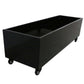 Black metal planter on wheels, 110cm long, perfect for designer plants and artificial hedges.