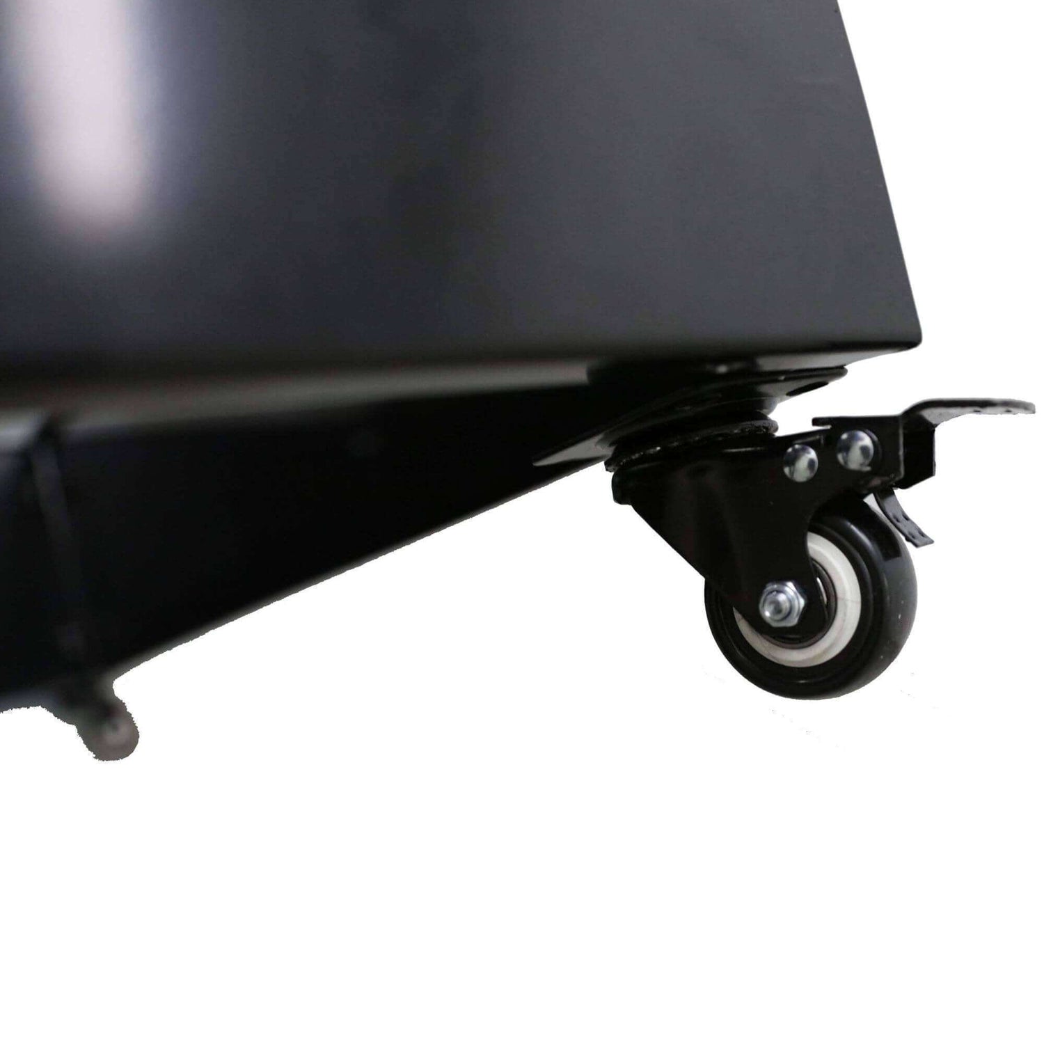 Close-up of a detachable wheel on a black metal planter, highlighting its mobility and design features.
