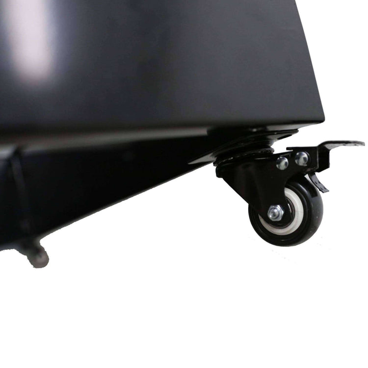 Close-up of a detachable wheel on a black metal planter, highlighting its mobility and design features.