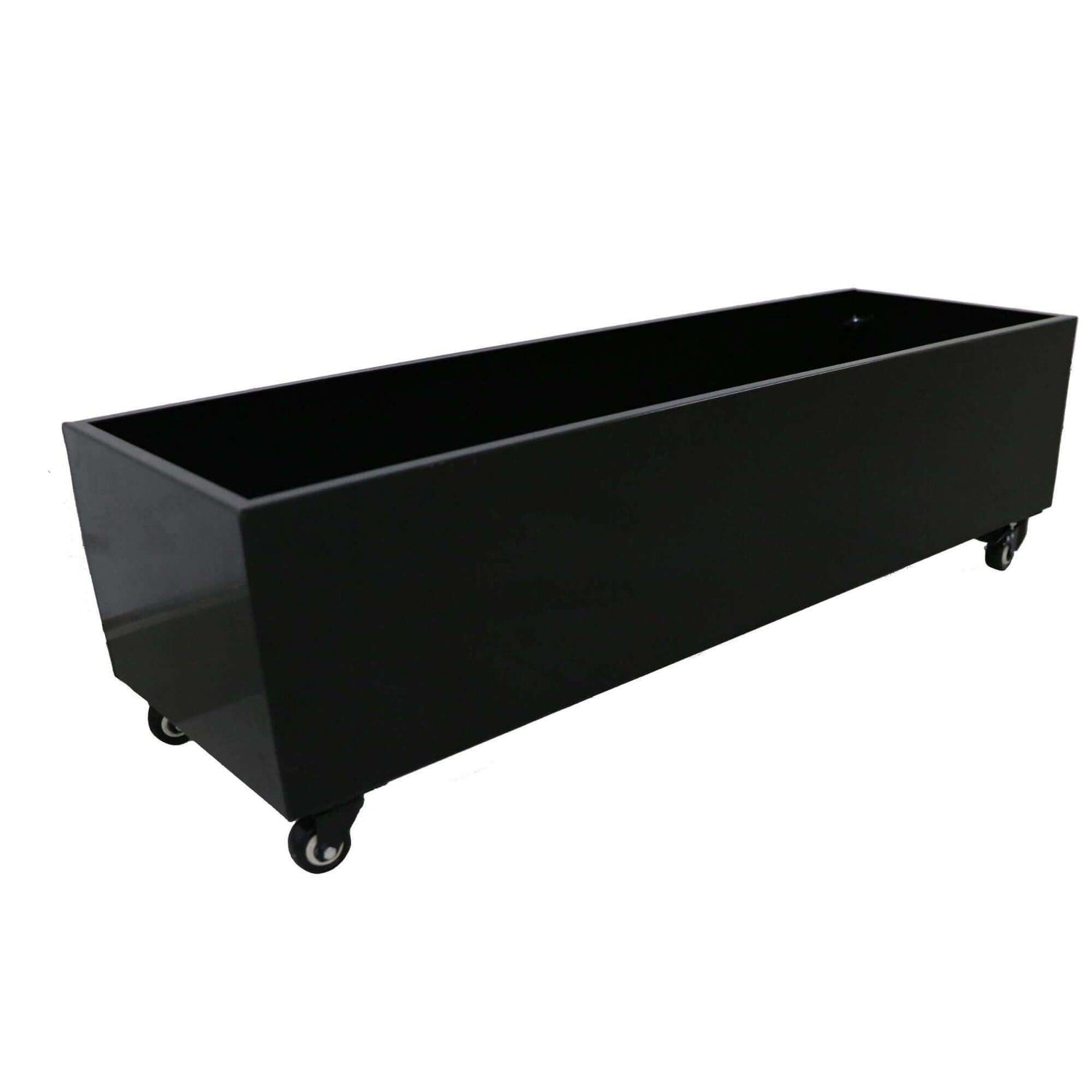 Black metal planter on wheels, 110cm long, perfect for designer plants and artificial hedges.