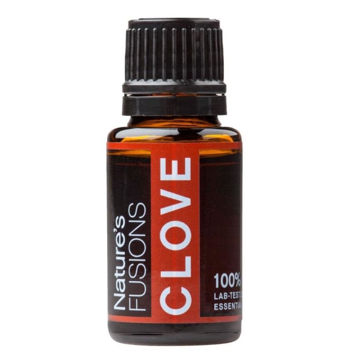 Clove Pure Essential Oil by Nature's Fusions in a 15ml bottle, ideal for cold season protection and topical use.