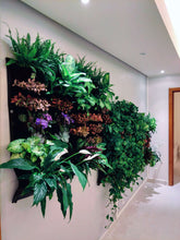 Indoor vertical living wall planter displaying lush greenery and colorful plants, enhancing room aesthetics and air quality.
