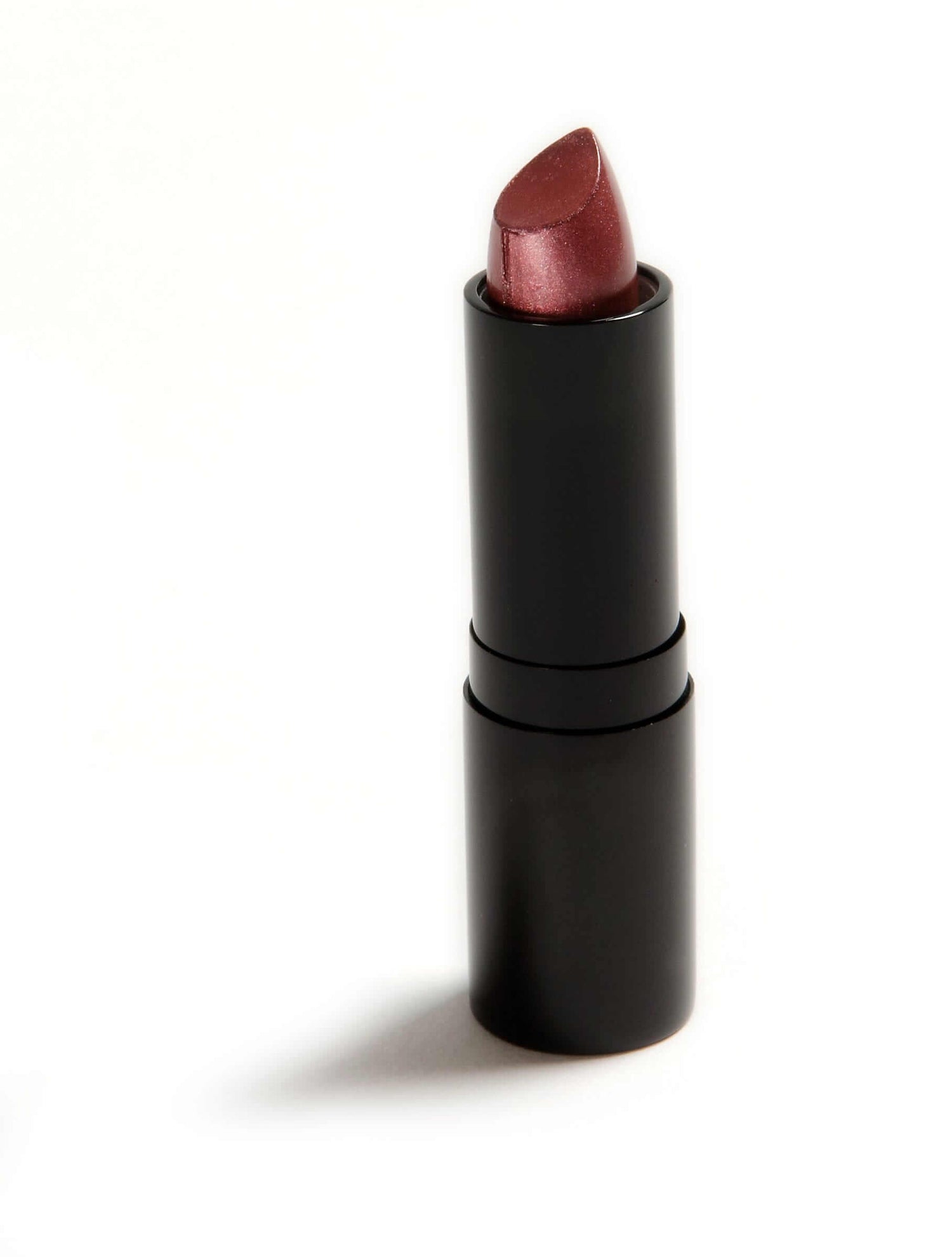 Danyel Cosmetics lipstick in a sleek black tube, featuring a vivid shimmering burgundy shade.