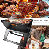 Portable BBQ grill with grilled meats, showcasing easy setup for outdoor cooking and dining.