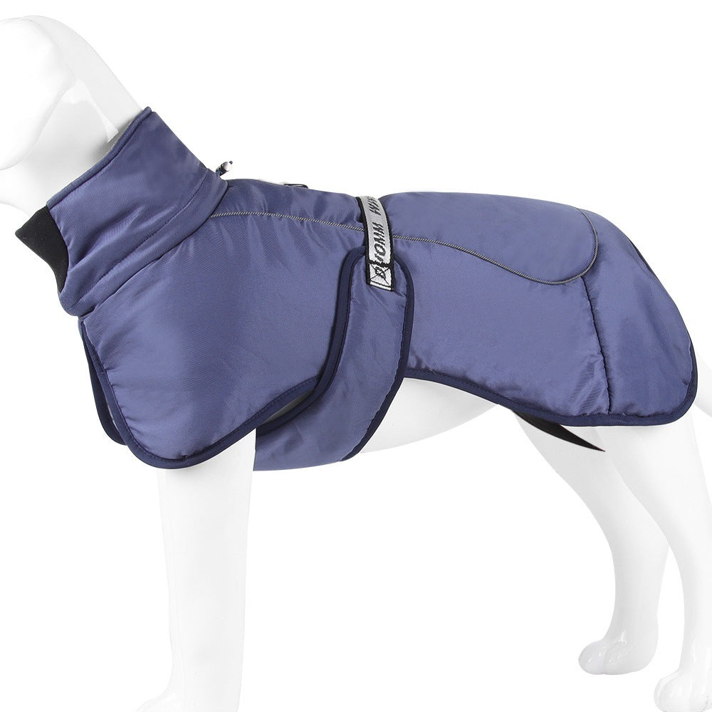 Large dog winter wind-proof reflective vest, soft wrap calming design for travel in stylish blue.