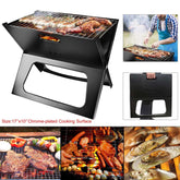 Portable charcoal BBQ grill with chrome-plated 17x10 cooking surface, perfect for camping and travel.