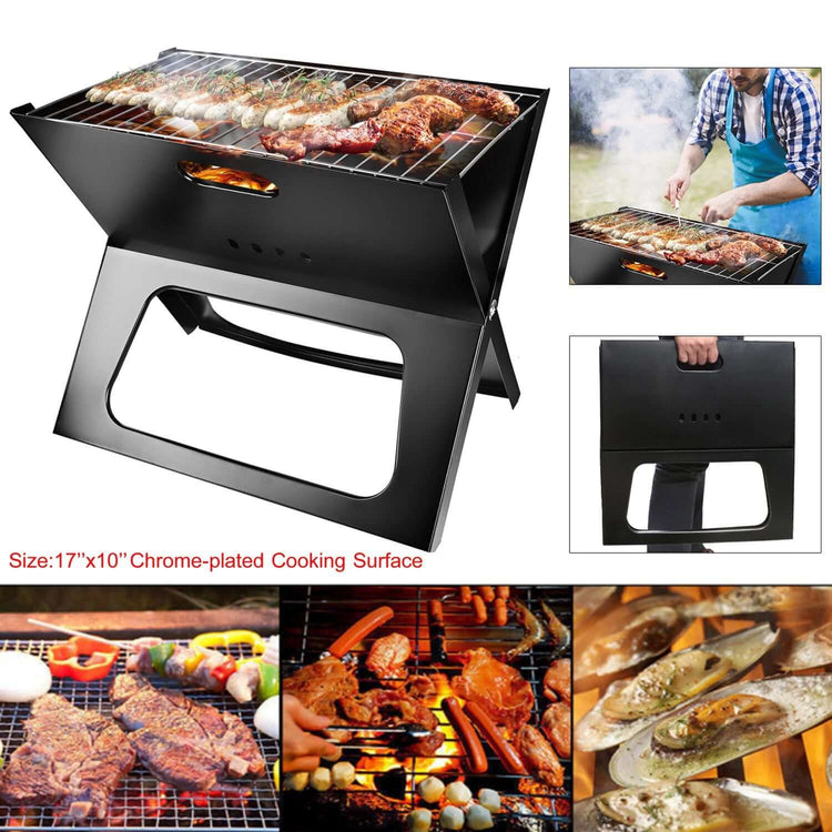 Portable charcoal BBQ grill with chrome-plated 17x10 cooking surface, perfect for camping and travel.