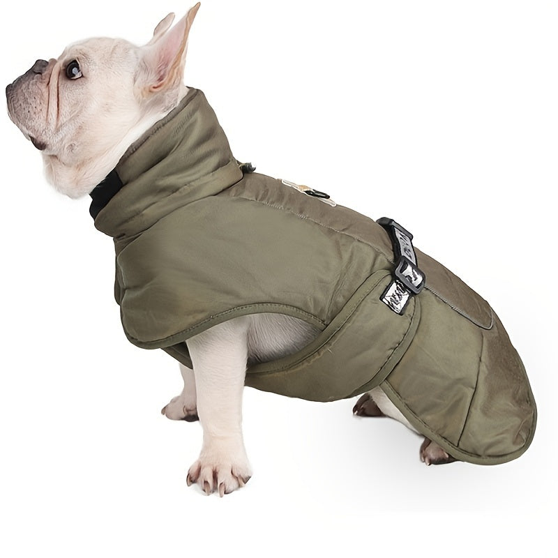 Large dog winter vest in olive green, wind-proof, reflective, soft wrap for comfort and travel.