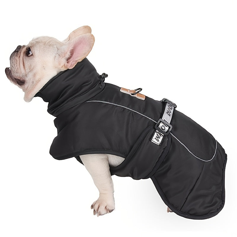 Large dog wearing a winter wind-proof reflective calming vest, designed for travel and comfort.