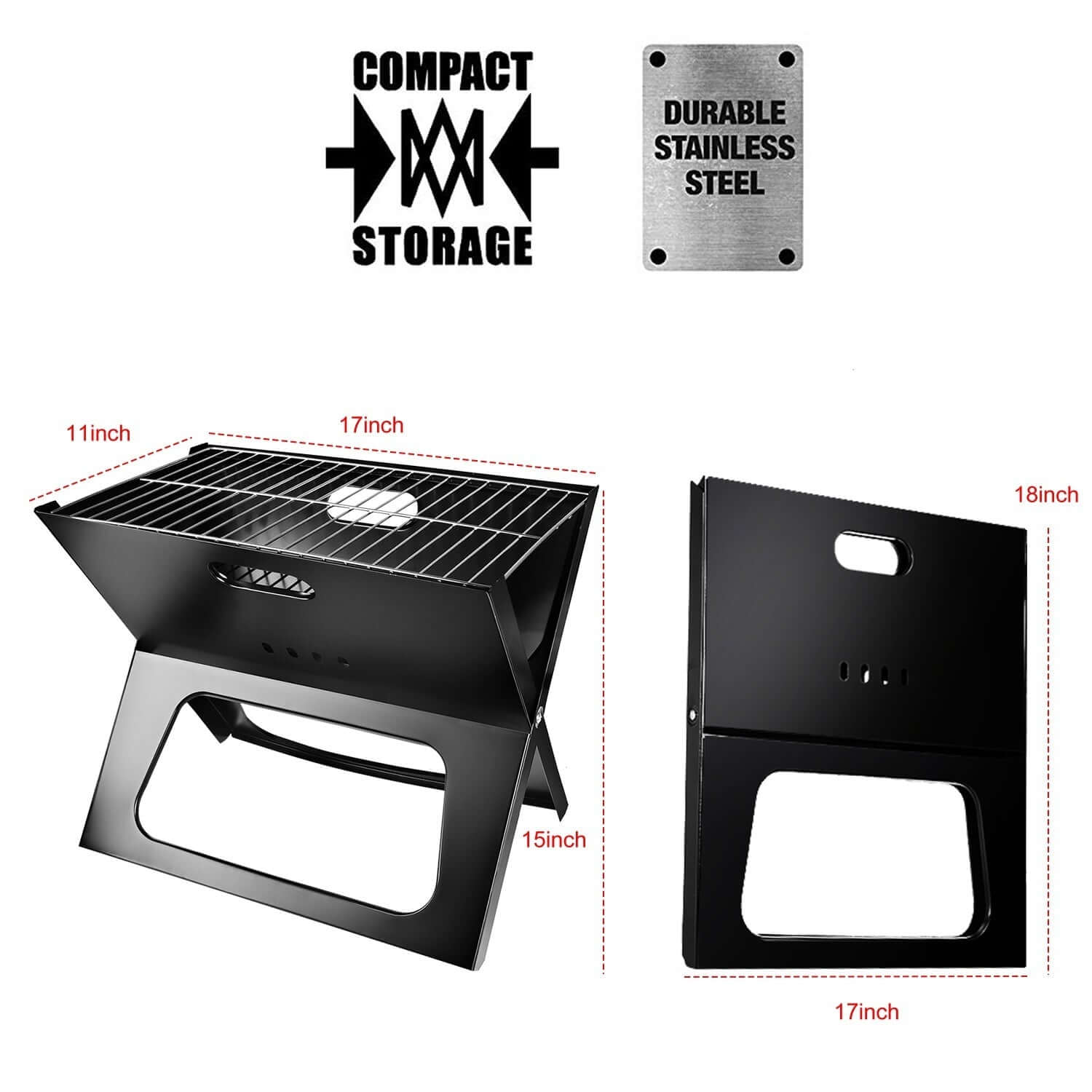 Portable BBQ grill with compact storage and durable stainless steel, measuring 17x11x15in, ideal for camping and travel.