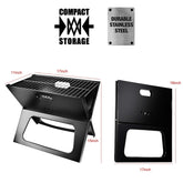 Portable BBQ grill with compact storage and durable stainless steel, measuring 17x11x15in, ideal for camping and travel.